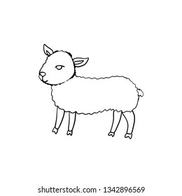 Hand drawn symbol of Happy Easter, vector ink sketch illustration isolated on white,  Cute little lamb line art, cartoon sheep, cub ewe farm animal, Character design for baby shower, greeting card