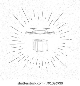 Hand Drawn Symbol of Quadrocopter  Drone Delivery with Package - Doodle Vector Hatch Icon
