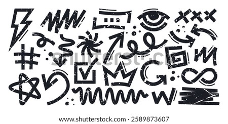 Hand drawn symbol set with abstract geometric shapes and brush strokes with a distressed effect