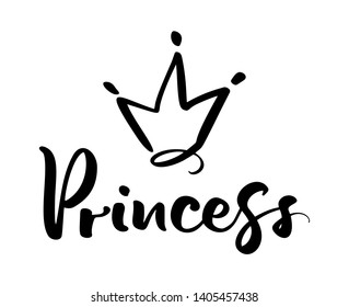 Hand drawn symbol of a stylized crown and calligraphic word Princess. Vector illustration isolated on white. Logo design