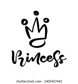 Hand drawn symbol of a stylized crown and calligraphic word Princess. Vector illustration isolated on white. Logo design