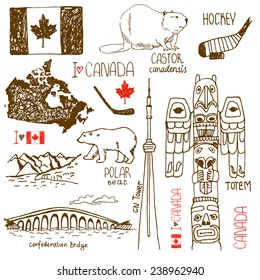 Hand drawn symbols of Canada. castor, confederation Bridge, Tower, polar bear, hockey, hand drawn, flag, landscape with mountains,