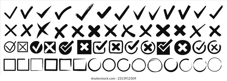 Hand drawn symbols for checking and voting. Examination round and square boxes for answers, choice. Vector icons set. Doodle check marks. 