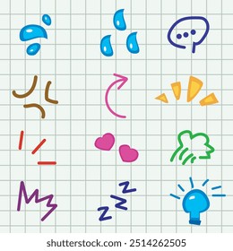 Hand drawn symbols collection cartoon style doodle sign expressions, with colorful curve direction arrows, emoticon effects. anger, and bubble chat