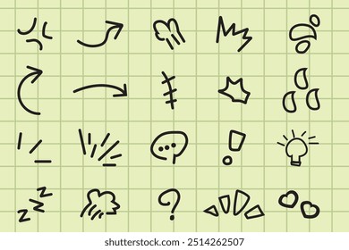 Hand drawn symbols collection cartoon style doodle sign expressions, with colorful curve direction arrows, emoticon effects. anger, and bubble chat