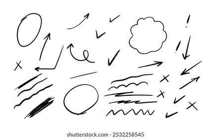 Handgezeichnete Symbole wie Pfeile, Häkchen, Kreuze, Ovale, Wolkenform, Wellenlinien und schattierte Kritzeleien. Ideal für Anmerkungen, Diagramme, Notizen oder Illustrationen, um Punkte hervorzuheben.