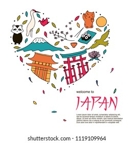 Hand drawn symbols of Japan. Japanese culture and architecture. The main attractions of Asia.
