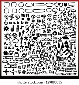 Hand drawn symbols, marks, arrows and inscriptions isolated on white background