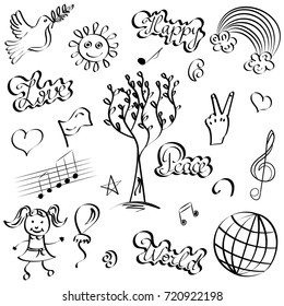 Hand Drawn Symbols of Peace. Doodle Drawings of Dove, Tree, Hearts, Sun, Rainbow.  Vector Illustration.