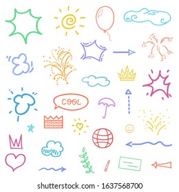 Hand drawn symbols and shapes. Colorful outlined elements on isolation background. Sketchy doodles on white