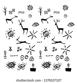 Hand drawn symbols and signs. Cave drawings