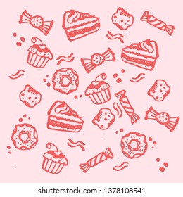 Hand drawn symbols and signs for design. Pastries and sweets.