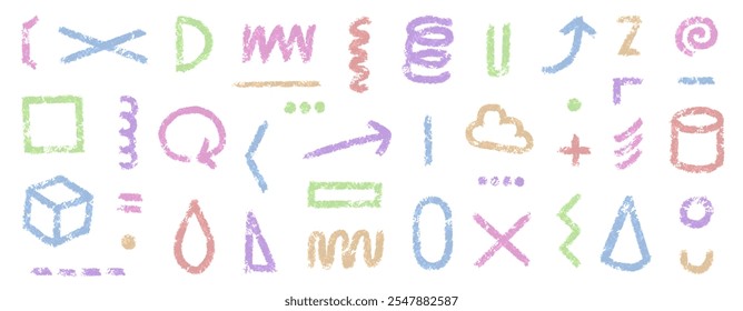 Hand drawn symbols that look like they were drawn with pastels or crayons. Vector illustration set of shapes and geometric patterns that look like they were drawn with charcoal pencils.