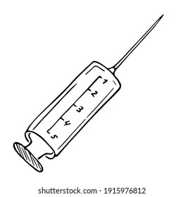 Hand drawn syringe in doodle style. Black outline drawing on a medical theme. Black and white syringe