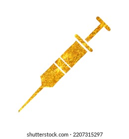 Hand drawn syringe icon medical in gold foil texture vector illustration