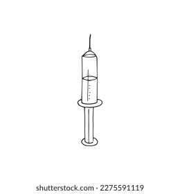 Hand drawn syringe with needle in doodle style, vector illustration