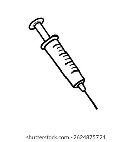 Ilustração de vetor de seringa desenhada à mão.  Seringa de injeção estilo esboço Gráfico, ilustração doodle sobre fundo branco