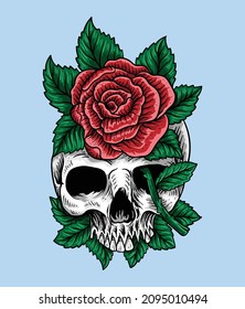 cráneo de diseño de camisetas dibujado a mano con estilo de grabado de rosas