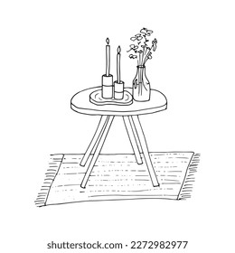 Tabla dibujada a mano con velas y flores, aislada en fondo blanco, ilustración vectorial