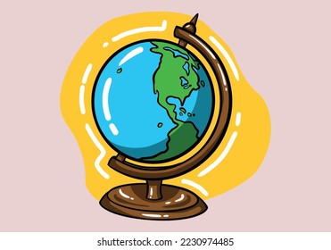 Hand drawn A table globe with concept of worldwide education. Vector cartoon illustration