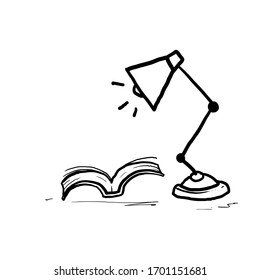lámpara de mesa dibujada a mano e ilustración de libro con el vector de estilo doodle aislado