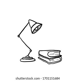 hand drawn table lamp and book illustration with doodle style vector isolated