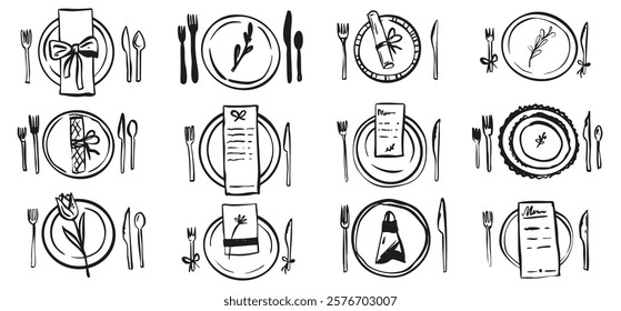 Hand drawn table serving illustration wedding party menu design. Restaurant cafe illustration in retro vintage doodle sketch style.