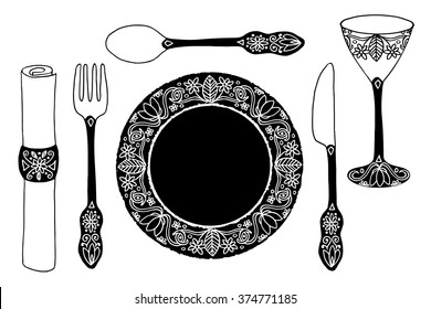 Hand drawn table set with plate, cutlery, drinking glass and napkin