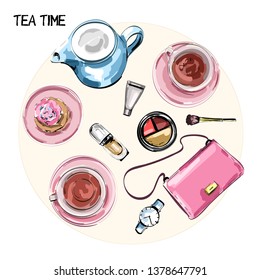 Hand drawn table set with teapot, cups, plates, cake, handbag and cosmetics. Sketch. Vector illustration.