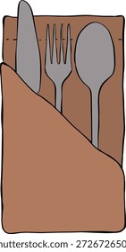 Ajuste de mesa dibujado a mano. Ilustración de contorno de servilleta y cubiertos. Ilustración vectorial de la configuración de la mesa doodle. ilustración dibujada a mano. Vector gráfico línea tinta arte coloreado.

