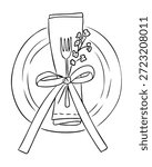 Hand drawn table setting with plate, napkin, fork and decorative bow in elegant line style isolated on white background. The illustration represents festive dining, table etiquette