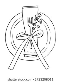 Hand drawn table setting with plate, napkin, fork and decorative bow in elegant line style isolated on white background. The illustration represents festive dining, table etiquette