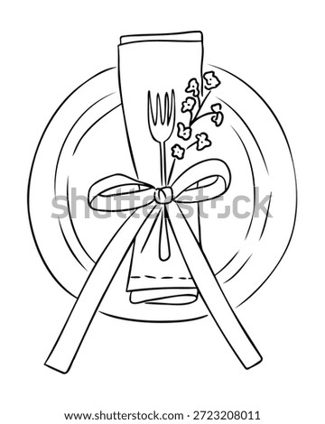Hand drawn table setting with plate, napkin, fork and decorative bow in elegant line style isolated on white background. The illustration represents festive dining, table etiquette