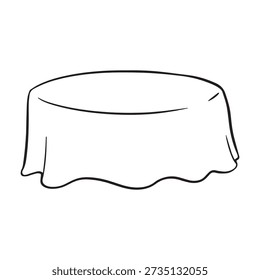 Hand drawn tablecloth draped over a round table, minimal black clean line art illustration, elegant textile doodle isolated on white background.