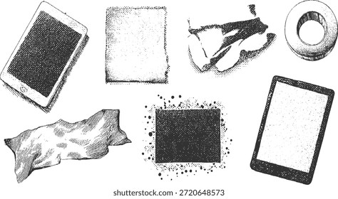 Tablet desenhado à mão computador rachado papel rasgado anel de papel e tela quadrada texturizada