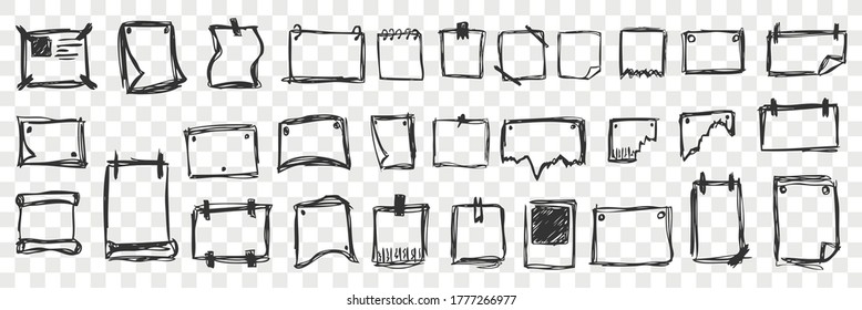 Conjunto de doodles dibujado a mano. Colección de lápiz de tinta manuscrita dibuja hojas de cuadernos para escribir aisladas en fondo transparente. Ilustración de símbolos empresariales de oficina.