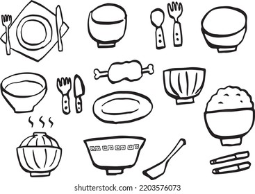 Hand drawn tableware illustration (black and white).