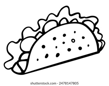 Hand drawn taco in doodle style isolated on a white background. Traditional Mexican appetizer. Vector illustration. Perfect for recipes, decoration, logo, menu, designs.