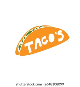 Ilustração em taco desenhada à mão criada no Adobe Illustrator. Projeto vetorial detalhado com um tradicional taco mexicano com alface, queijo, carne e casca de tortilha. Perfeito para marca de restaurante, 