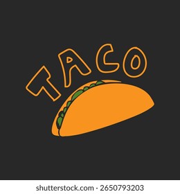 Ilustração em taco desenhada à mão criada no Adobe Illustrator. Projeto vetorial detalhado com um tradicional taco mexicano com alface, queijo, carne e casca de tortilha. Perfeito para marca de restaurante, 