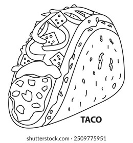 Ilustração De Taco Desenhada À Mão. Comida e Snacks Página de Coloração. Desenhos ousados e fáceis para adultos e crianças. Vetor Taco para livro de colorir. Desenho simples Taco para todas as idades