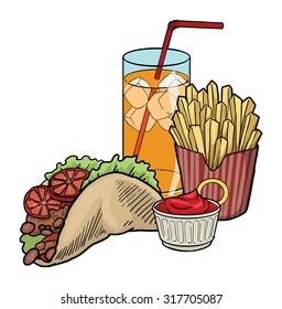 Hand drawn Taco meal set, with drink, Taco wrap and fries, vector illustration isolated on white