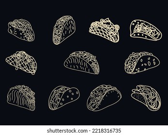 Hand Drawn Taco Outline Icon Set .taco Food Line Art Doodle Illustration