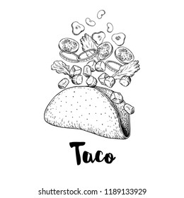 Hand drawn taco. Sketch style illustration of constructor taco. Flying  ingredients. Meat pieces, onion rings, tomato, cucumber, beans, tortilla. Best for restaurant menu. Fast food. Vector drawing.