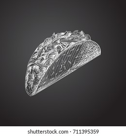 Hand Drawn Taco Sketch Symbol. Vector Mexican Food Element In Trendy Style.