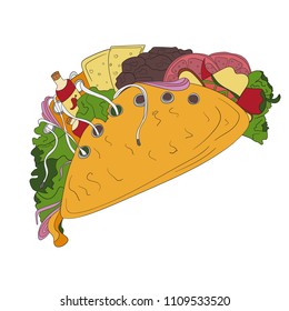 Hand drawn tacos icon. Vector badge fast food sketch style for brochures, banner, restaurant menu and cafe