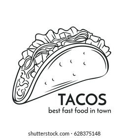 Hand drawn tacos icon. Vector badge fast food sketch style for brochures, banner, restaurant menu and cafe