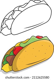 Hand drawn Tacos with an outline isolated in a white background vector illustration, Simple fast food drawing