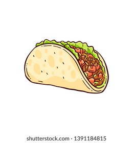 Hand drawn tacos, traditional Mexican food in a tortilla with cheese, meat and vegetables. Vector illustration on white background in sketch style.