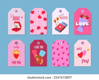 Etiquetas desenhadas à mão e cartas conjunto de Valentines Day e Amor com tipografia. Design de desenhos animados com elementos românticos, formas de coração, pirulitos, mãos de casal, fósforos, flores. Conceito vetorial para impressão